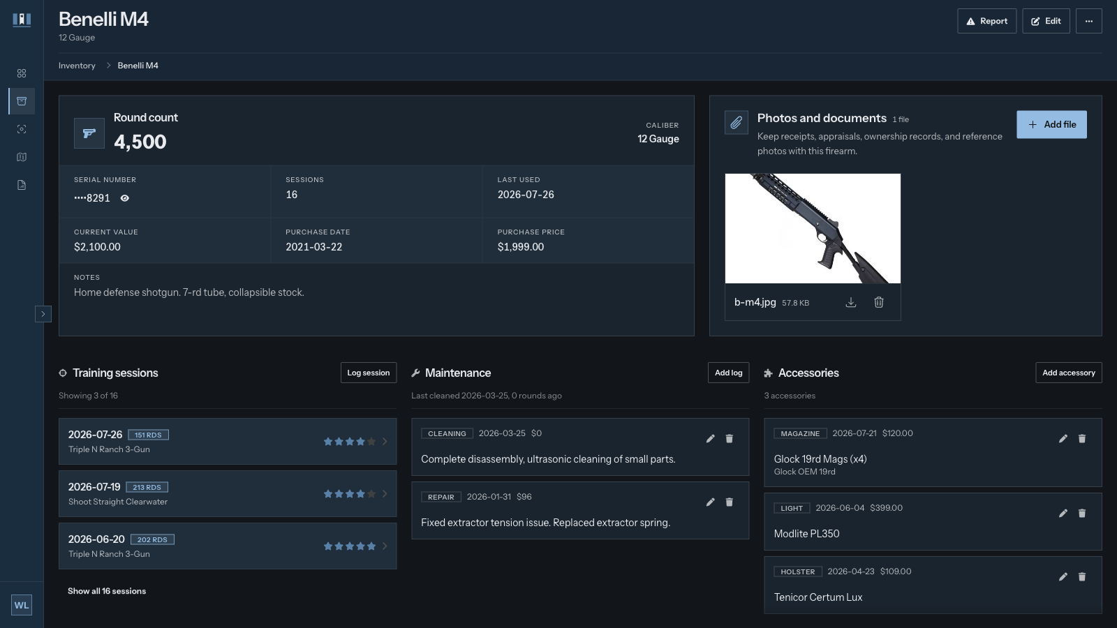 Armanac firearm record: round count, serial number, current value, and purchase price, with training, maintenance, and accessory history