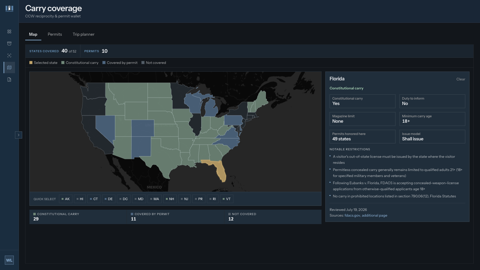 Armanac carry-coverage screen: a United States map with constitutional-carry states shaded, plus Alaska and Hawaii insets