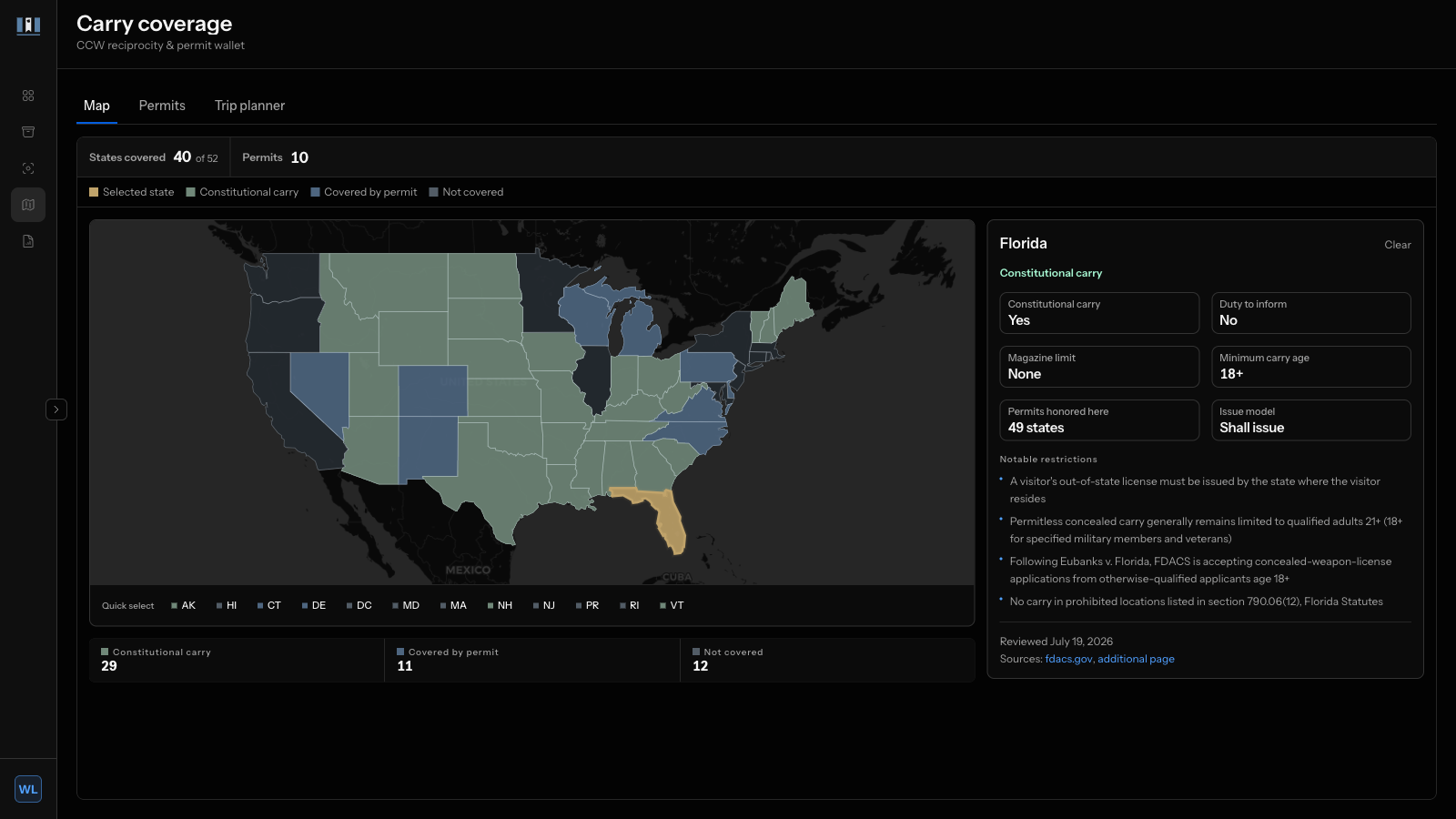 Armanac carry-coverage screen: a United States map with constitutional-carry states shaded, plus Alaska and Hawaii insets
