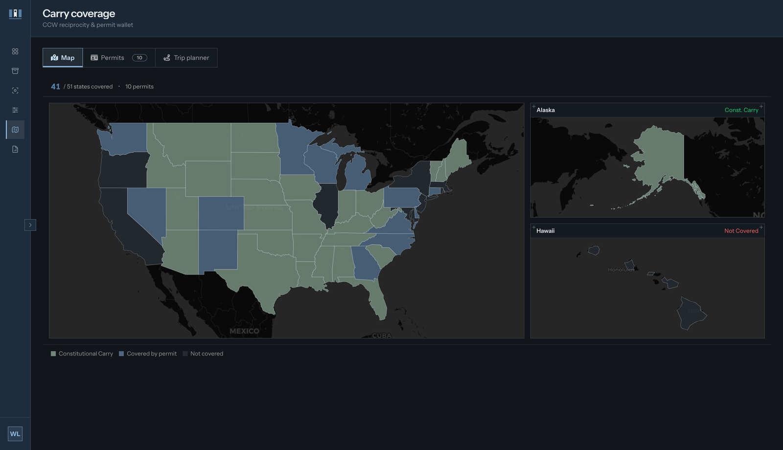 Armanac carry-coverage screen: a United States map with constitutional-carry states shaded green, plus Alaska and Hawaii insets