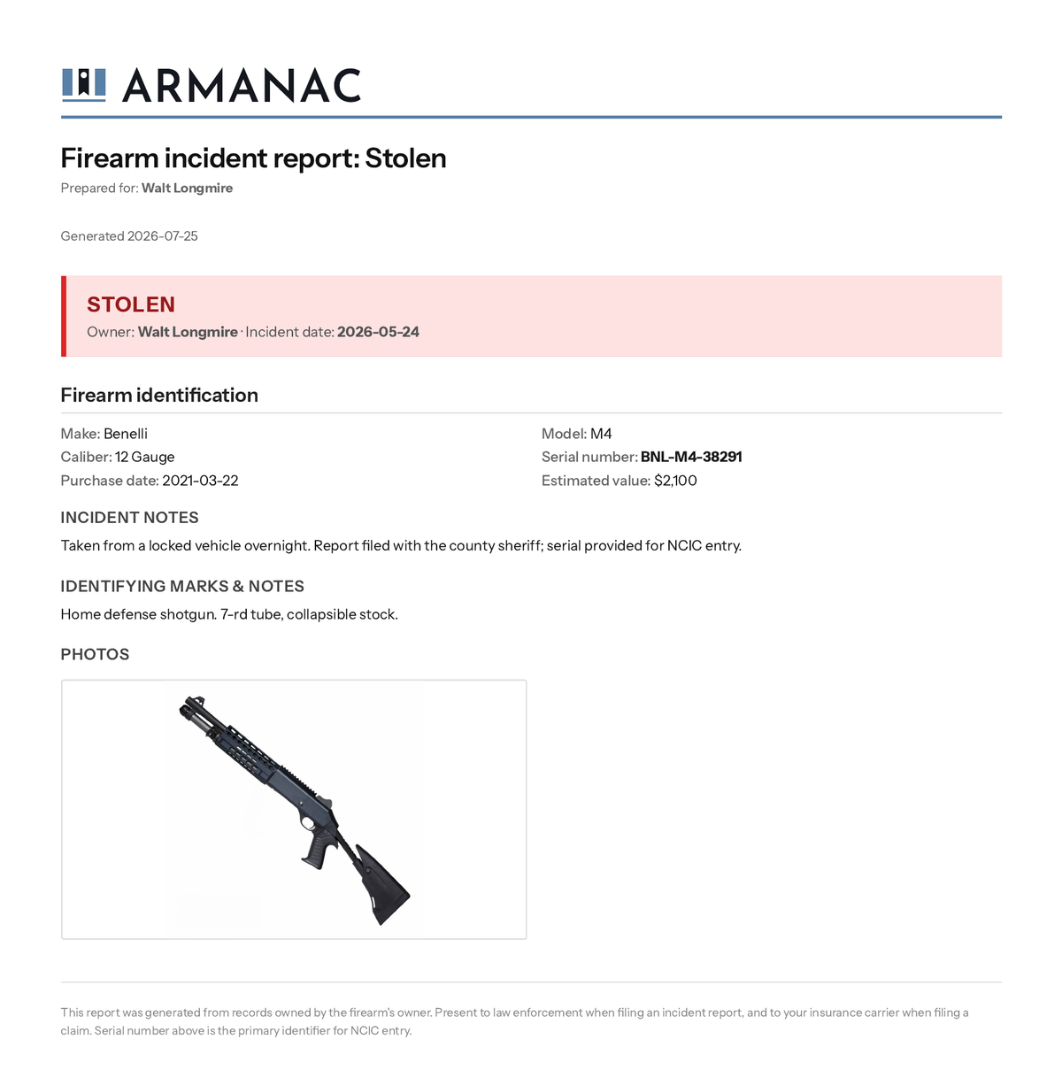 Armanac stolen-firearm incident report with owner, incident date, firearm identification, serial number, value, and a photo of the firearm
