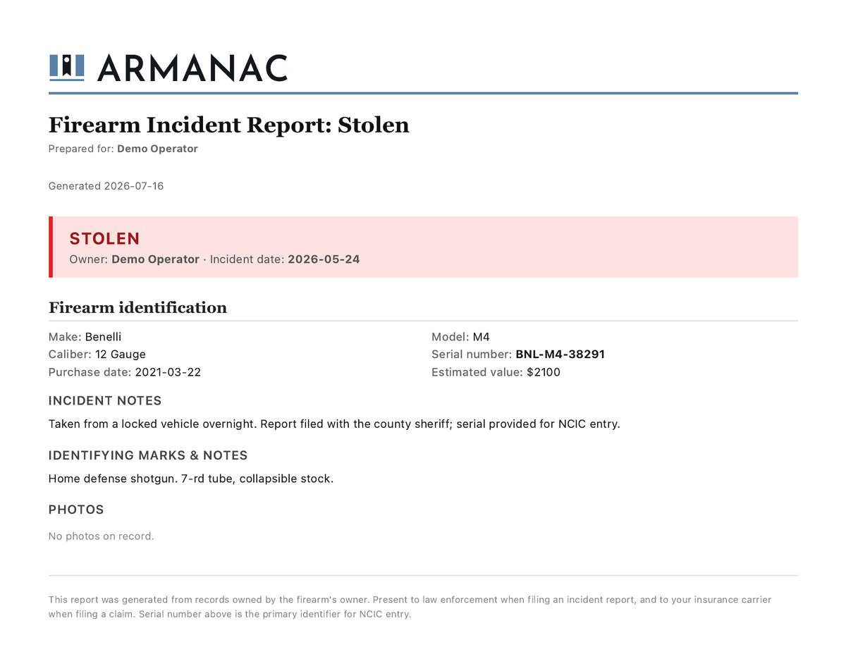 Armanac stolen-firearm incident report: owner, incident date, firearm identification with serial number and value, and incident notes
