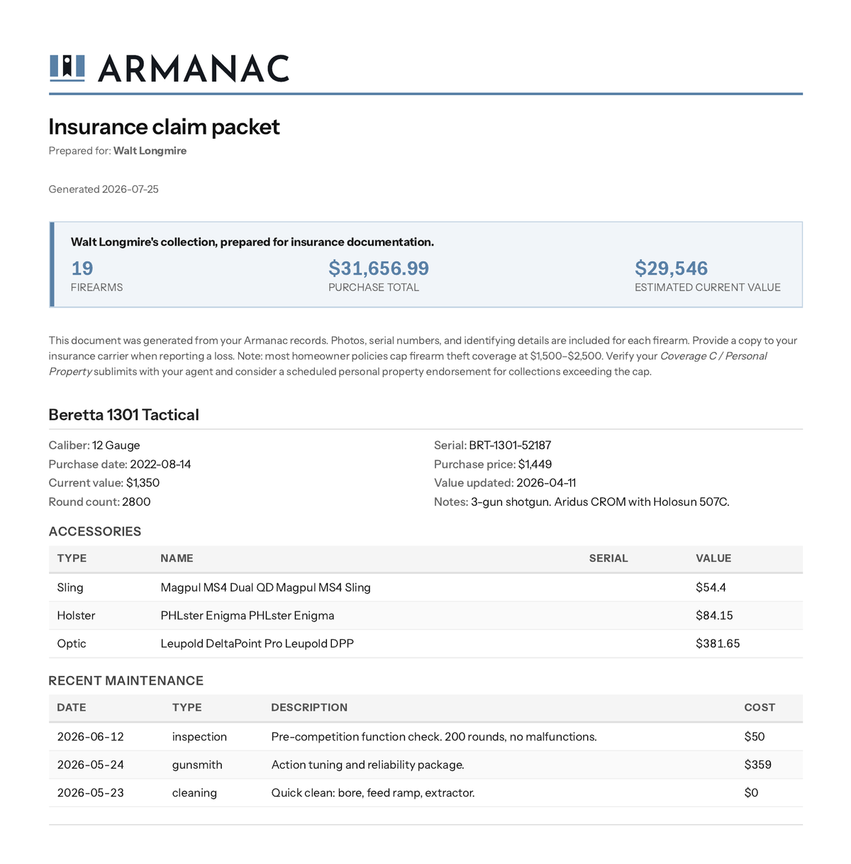 Armanac insurance claim packet listing collection totals, then each firearm with serial number, value, accessories, and maintenance history